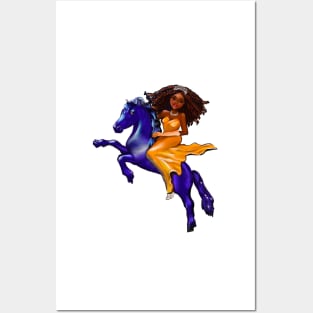 Black woman anime princess on horse ! black girl with Afro hair in braids Black Queen with dark brown skin Posters and Art